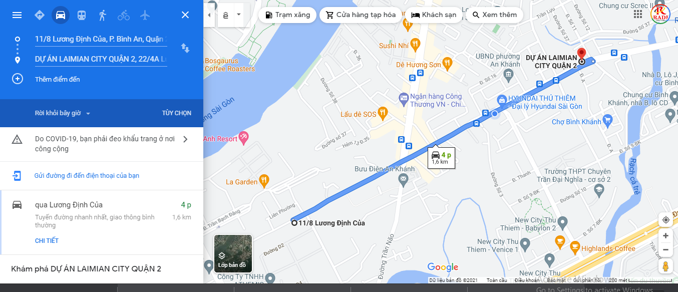 vị trí từ ắc quy Radi đến Laimian City