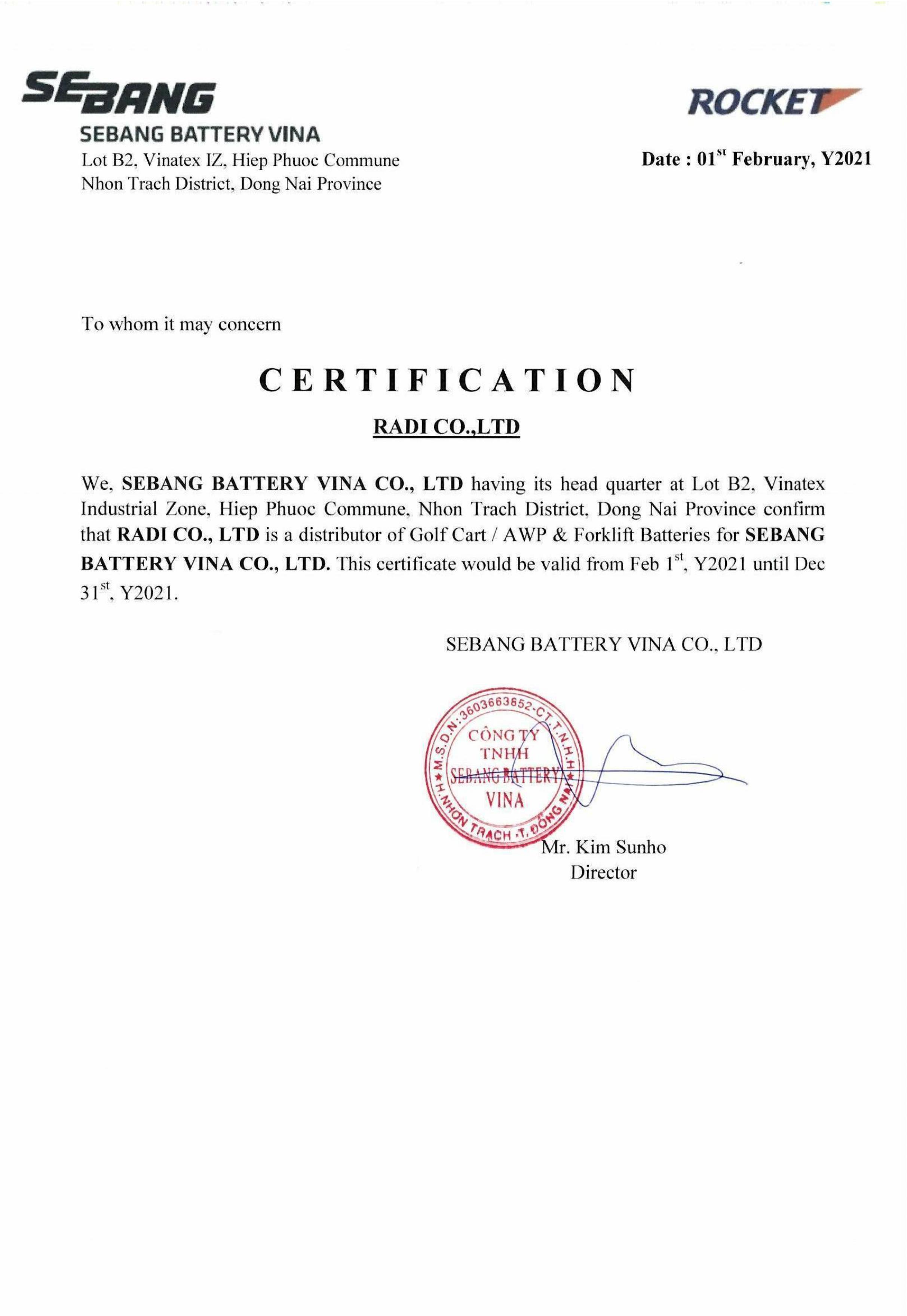 chứng nhận phân phối của công ty TNHH Radi VN
